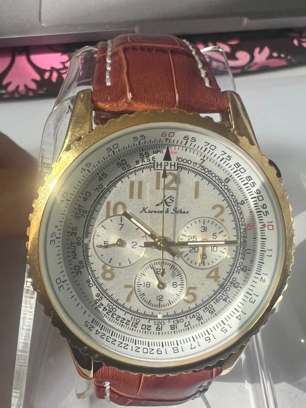 Kronen & Söhne Men's Aviator Slide Rule Watch | Gold-Tone White Dial Like New